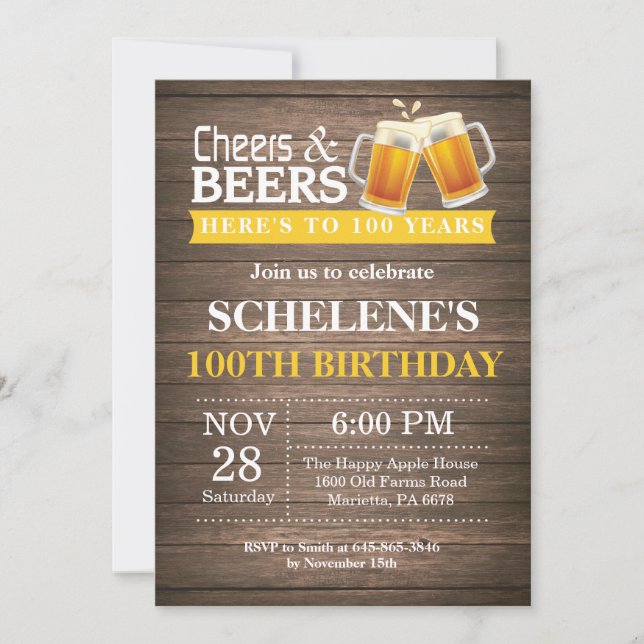 Rustic Cheers and Beers 100th Birthday Invitation (Front)