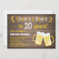 Rustic Cheers and Beers 20th Birthday Invitation