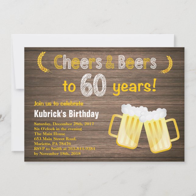 Rustic Cheers and Beers 60th Birthday Invitation (Front)