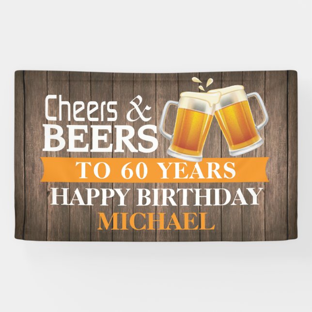 Rustic Cheers and Beers Happy 60th Birthday Orange Banner (Horizontal)
