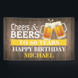 Rustic Cheers and Beers Happy 60th Birthday Yellow Banner<br><div class="desc">Rustic Cheers and Beers Happy 60th Birthday Banner Yellow. For further customisation,  please click the "Customise it" button and use our design tool to modify this template.</div>