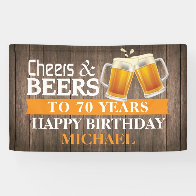 Rustic Cheers and Beers Happy 70th Birthday Orange Banner (Horizontal)