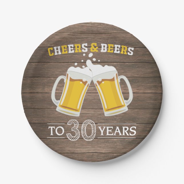 Rustic Cheers and Beers to 30 Years Paper Plate (Front)