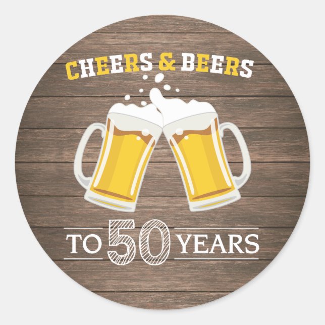 Rustic Cheers and Beers to 50 Years Classic Round Sticker (Front)