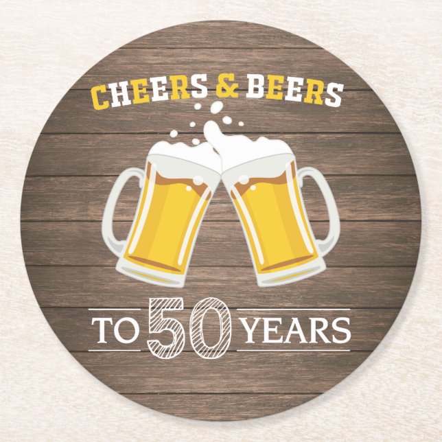 Rustic Cheers and Beers to 50 Years Round Paper Coaster (Front)