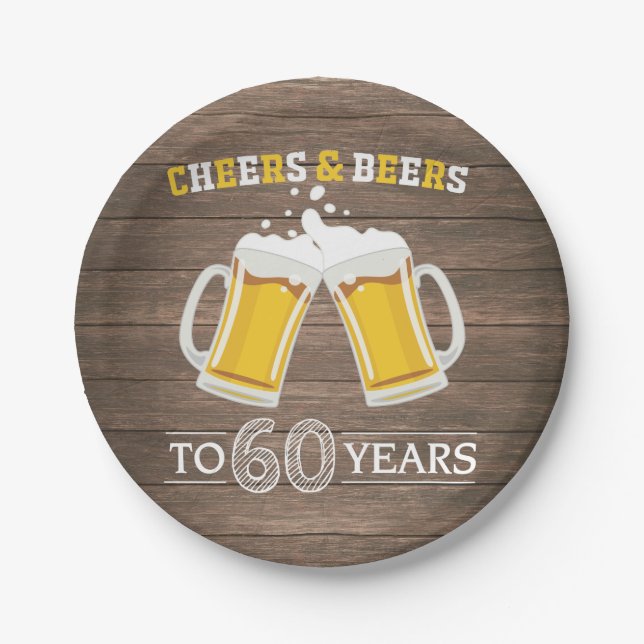 Rustic Cheers and Beers to 60 Years Paper Plate (Front)