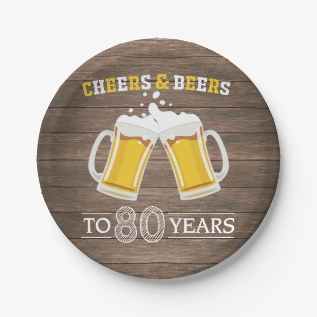 Rustic Cheers and Beers to 80 Years Paper Plate (Front)