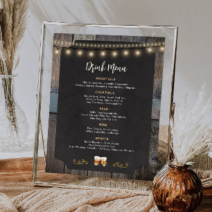 Rustic Cheers Whiskey Themed 8x10 Drink Menu Poster