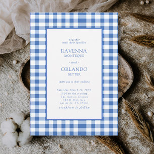 Rustic Chequered Baby Blue Plaid Gingham Wedding Invitation