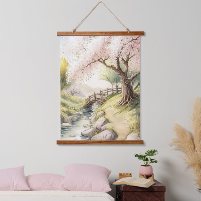 Rustic Cherry Blossom in Sunset Light Landscape Hanging Tapestry (Bedroom)