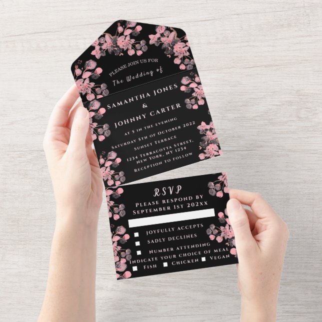 Rustic Cherry Blossom Japanese Flowers Pink Sakura All In One Invitation (Tearaway)