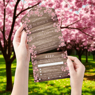 Rustic Cherry Blossom Japanese Flowers Wood Sakura All In One Invitation