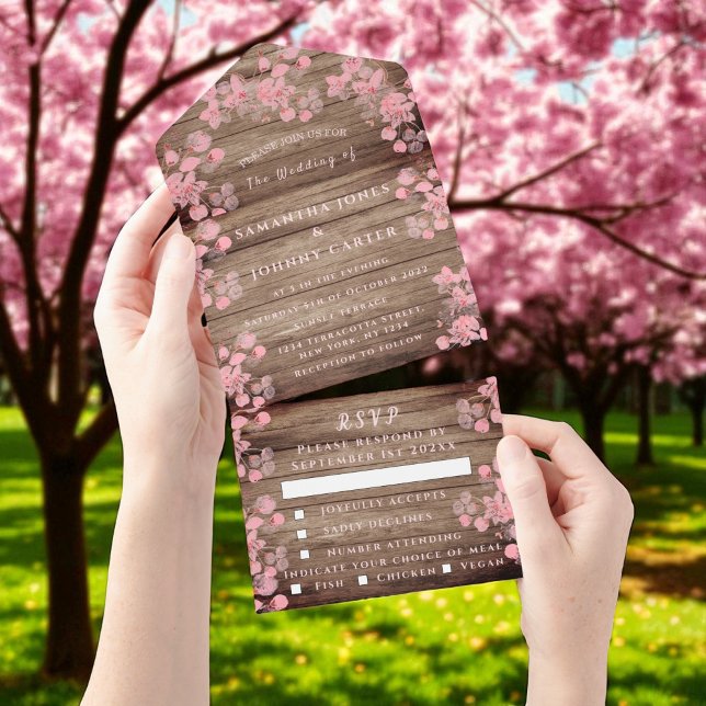 Rustic Cherry Blossom Japanese Flowers Wood Sakura All In One Invitation (Creator Uploaded)