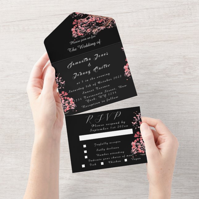 Rustic Cherry Blossom Japanese Pink Flowers Sakura All In One Invitation (Tearaway)