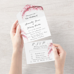Rustic Cherry Blossom Japanese Pink Flowers Sakura All In One Invitation