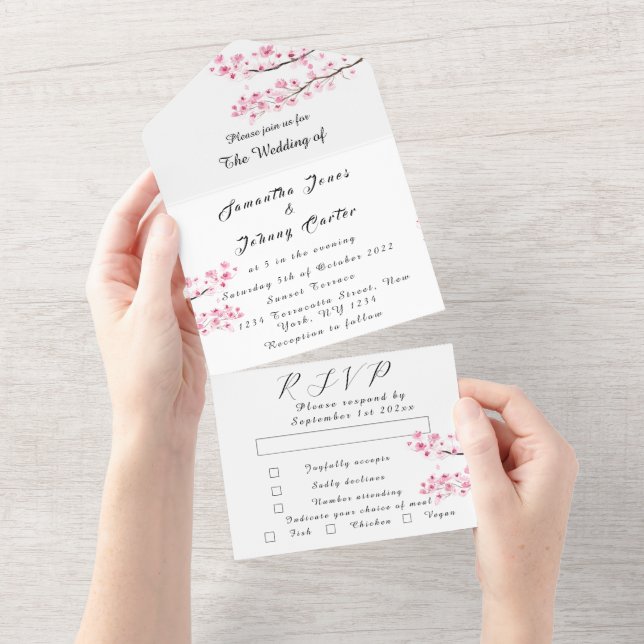 Rustic Cherry Blossom Japanese Pink Flowers Sakura All In One Invitation (Tearaway)