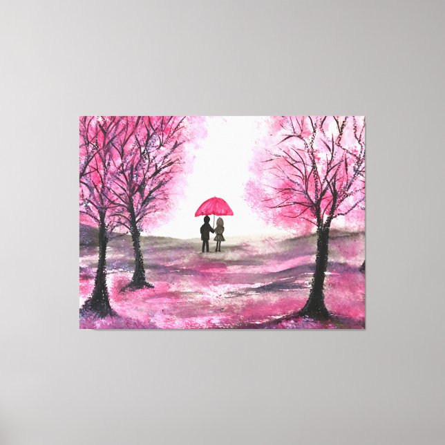 Rustic Cherry Blossoms Love couple Red Umbrella Canvas Print (Front)
