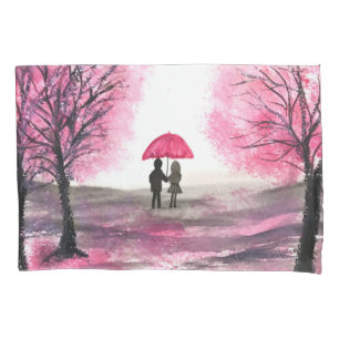 Rustic Cherry Blossoms Love couple Red Umbrella Pillowcase