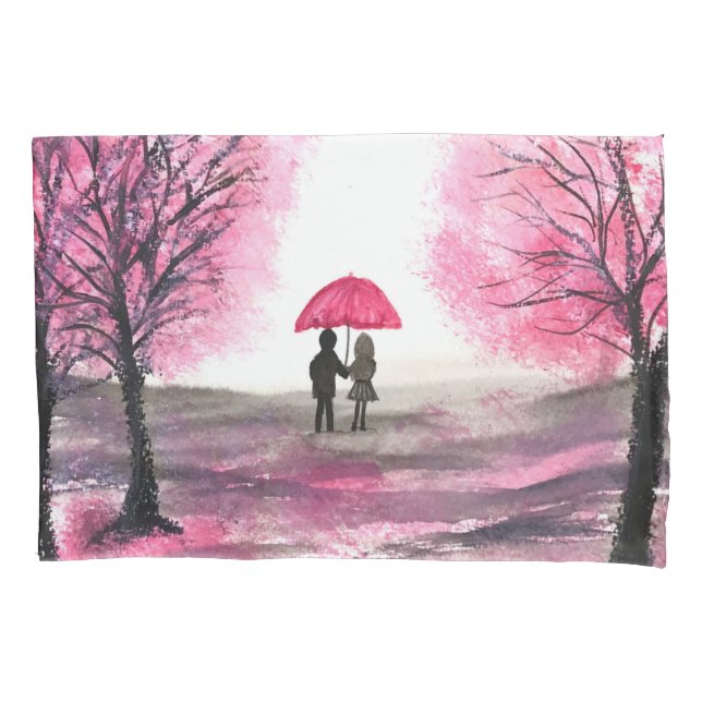 Rustic Cherry Blossoms Love couple Red Umbrella Pillowcase (Front)