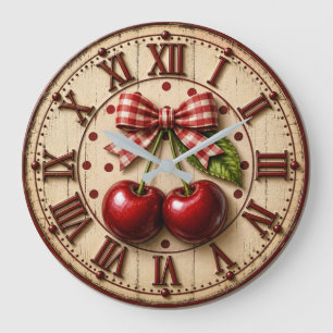 Rustic Cherry Gingham Bow Farmhouse Kitchen Large Clock