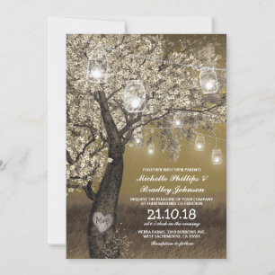 Rustic Cherry Tree & String Lights Wedding Invitation