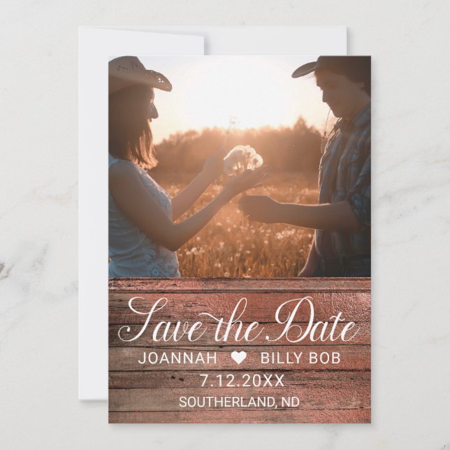 Rustic Cherry Wood White Script Photo Save The Date (Front)