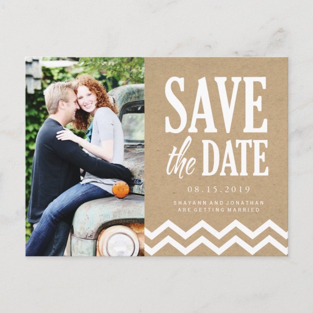 Rustic Chevron and Kraft Paper Save the Date Announcement Postcard (Front)