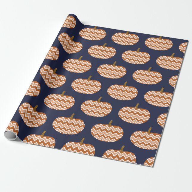 Rustic Chevron Pumpkins & Navy Blue Wrapping Paper (Unrolled)