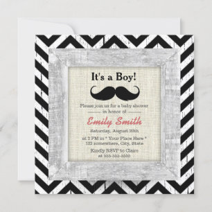 Rustic Chevron Stripes Moustache Boy Baby Shower Invitation