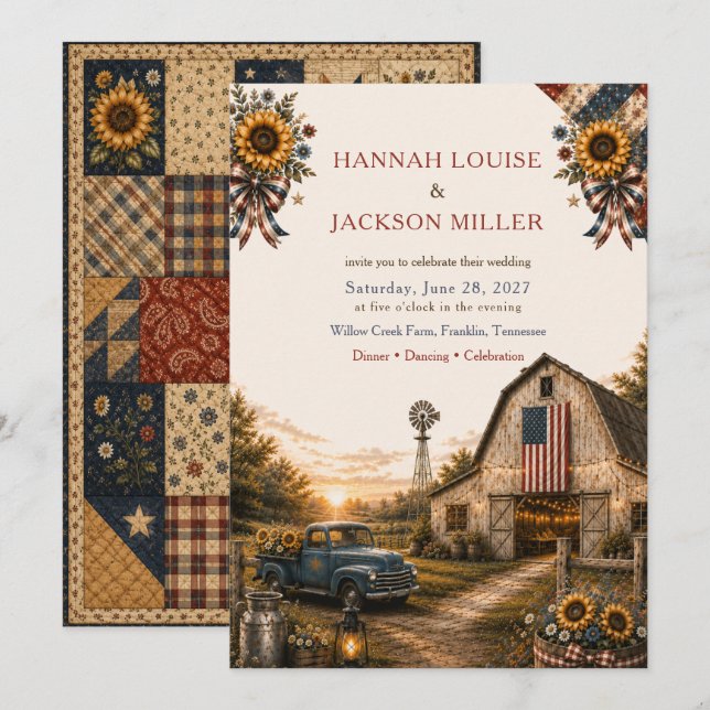 Rustic Chic Americana Barn Wedding with sunflowers Invitation (Front/Back)