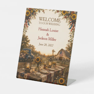 Rustic Chic Americana Barn Wedding with sunflowers Pedestal Sign