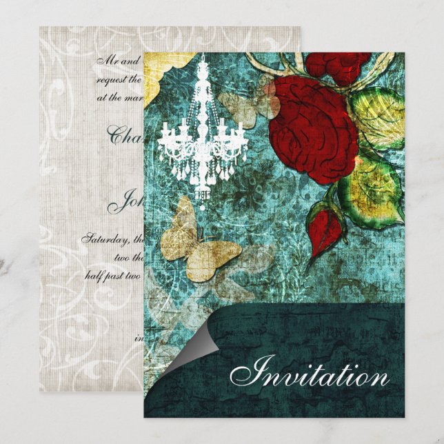 Rustic Chic Aqua Vintage Rose Wedding Invitation (Front/Back)