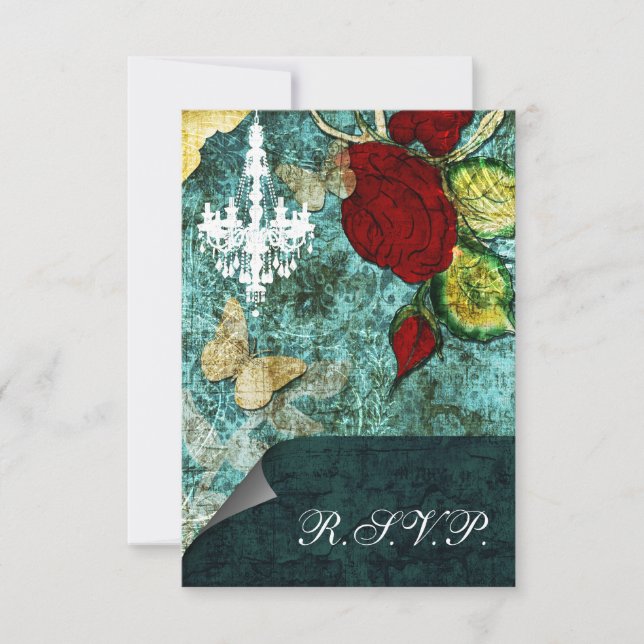 Rustic Chic Aqua Vintage Rose Wedding RSVP Card (Front)