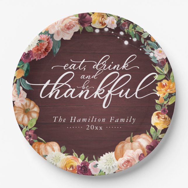 Rustic Chic Autumn Flowers Thanksgiving Dinner Pap Paper Plate (Front)
