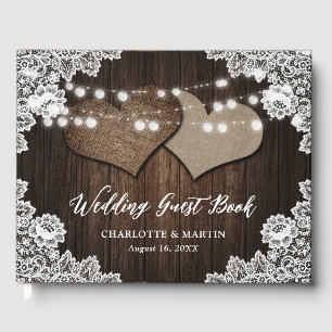 Rustic Chic Barn Wood Hearts Lace Country Wedding Guest Book