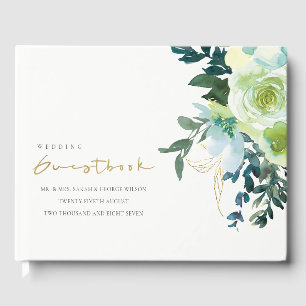 Rustic Chic Blue Green Floral Leafy Wedding Guest Book