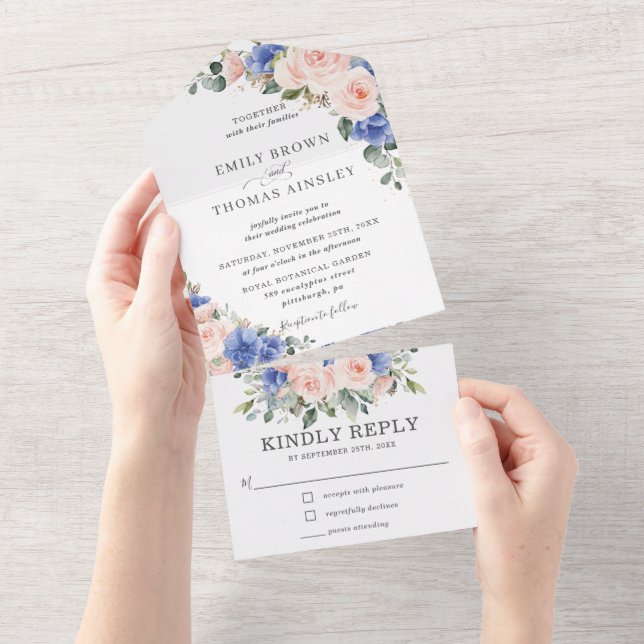 Rustic Chic Blush Blue Floral Greenery Wedding All In One Invitation (Tearaway)