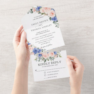 Rustic Chic Blush Blue Floral Greenery Wedding All In One Invitation