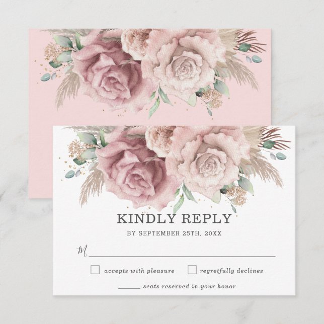 Rustic Chic Blush Dusty Rose Floral Pampas Wedding RSVP Card (Front/Back)