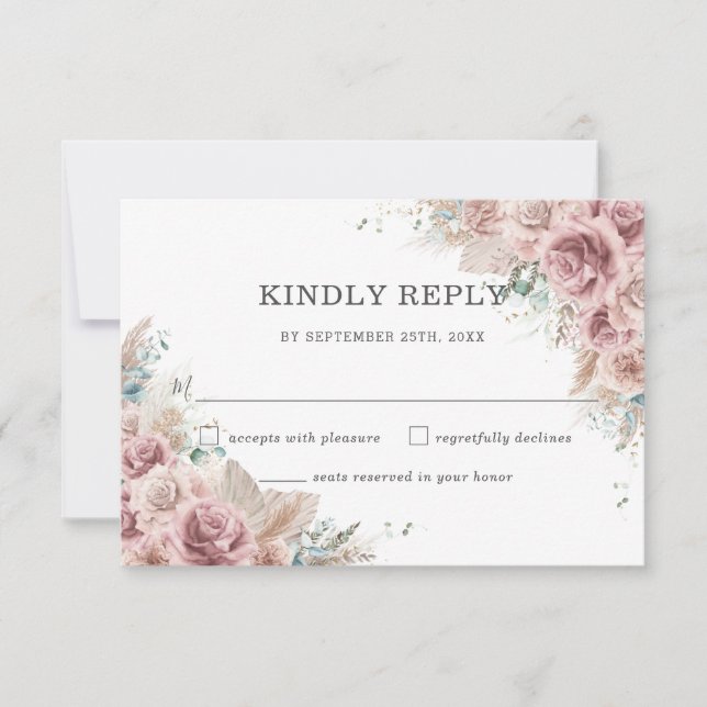 Rustic Chic Blush Dusty Rose Floral Pampas Wedding RSVP Card (Front)