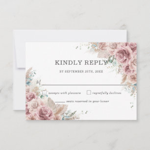 Rustic Chic Blush Dusty Rose Floral Pampas Wedding RSVP Card