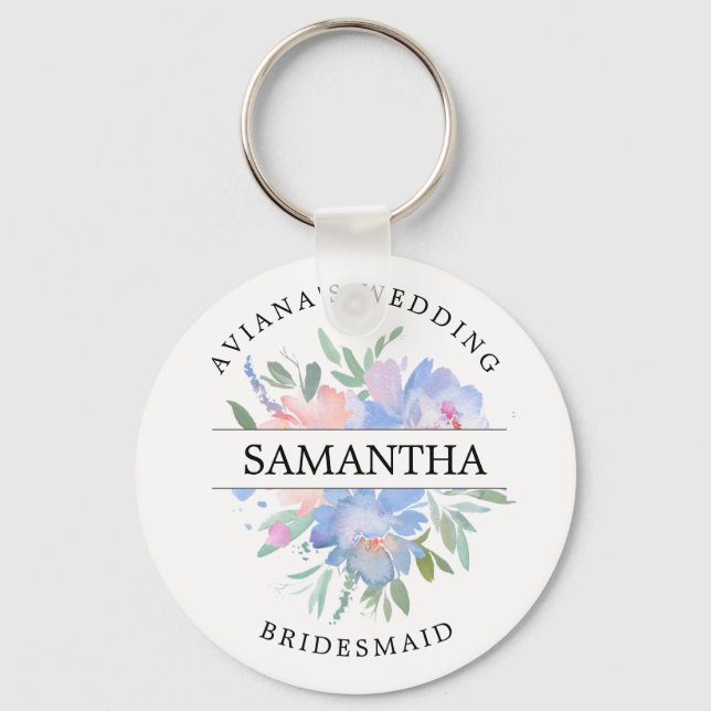 Rustic Chic Blush Pink Blue Floral Personalised Key Ring (Front)