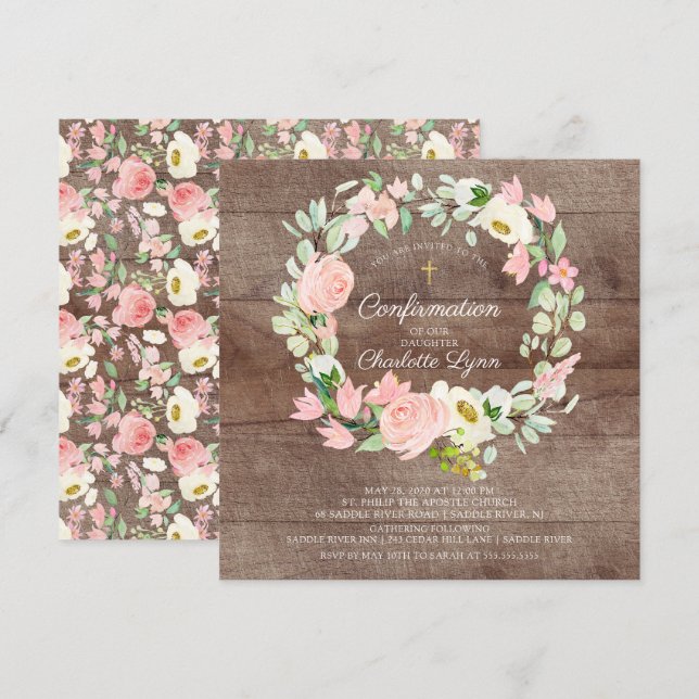Rustic Chic Blush Pink Floral Confirmation Invitation (Front/Back)