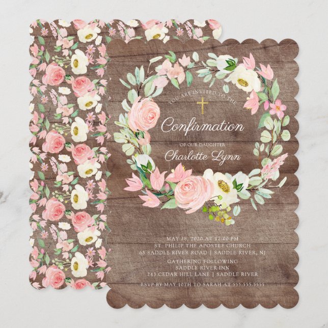 Rustic Chic Blush Pink Floral Confirmation Invitation (Front/Back)