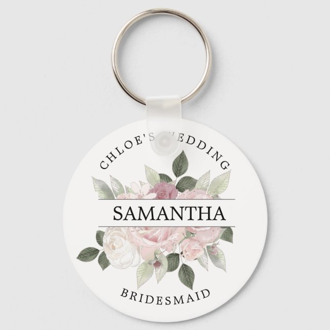 Rustic Chic Blush Pink Rose Floral Personalised Key Ring (Front)