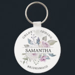 Rustic Chic Blush Purple Rose Floral Personalised Key Ring<br><div class="desc">Rustic chic blush purple roses are surrounded by green leaves and vines. The bridesmaid's name divides the roses in half. The bride's name and wedding is written in curved text above the roses bridesmaid is written in curved text below. This keychain is part of the Blush Violet collection. You'll find...</div>