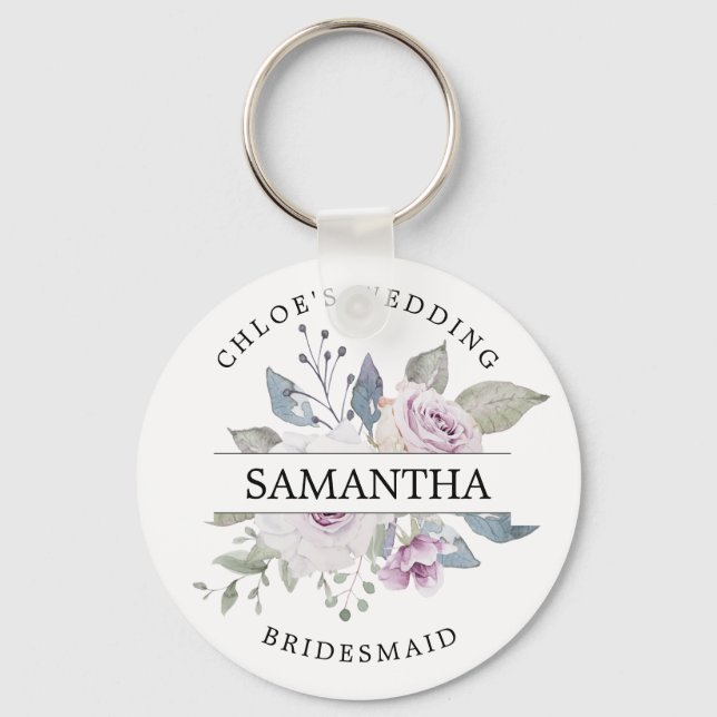 Rustic Chic Blush Purple Rose Floral Personalised Key Ring (Front)