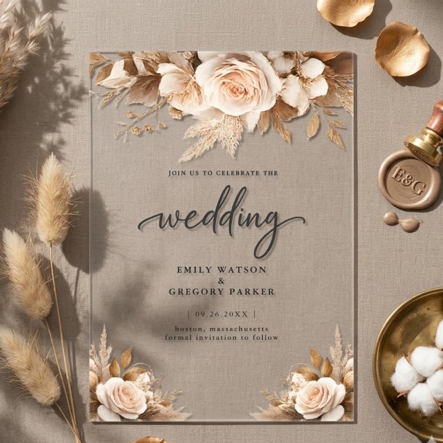 Rustic Chic Boho Blush Floral Wedding Acrylic Invitations (Creator Uploaded)
