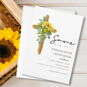 Rustic Chic Boho Sunflower Cross Wood Wedding Save The Date