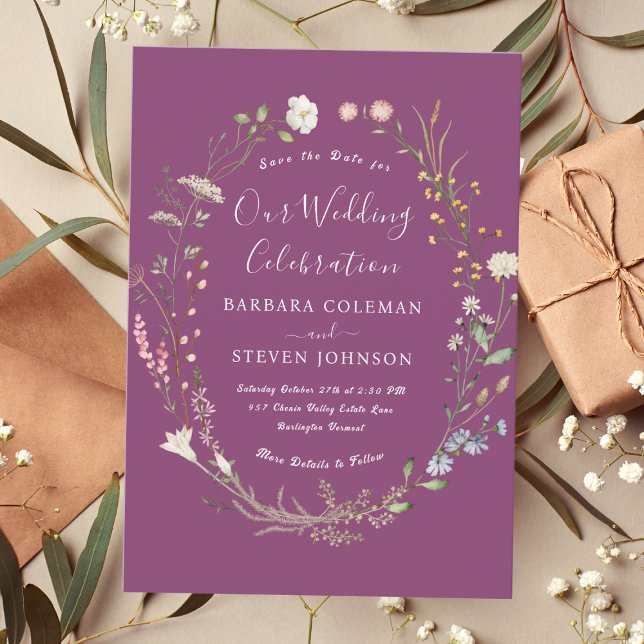 Rustic Chic Boho Wildflower Berry Purple Wedding Invitation (Creator Uploaded)